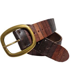 Lucky Brand Belt Mens 34 Brown Brass Buckle Domino Pleats Rustic Buffalo Leather